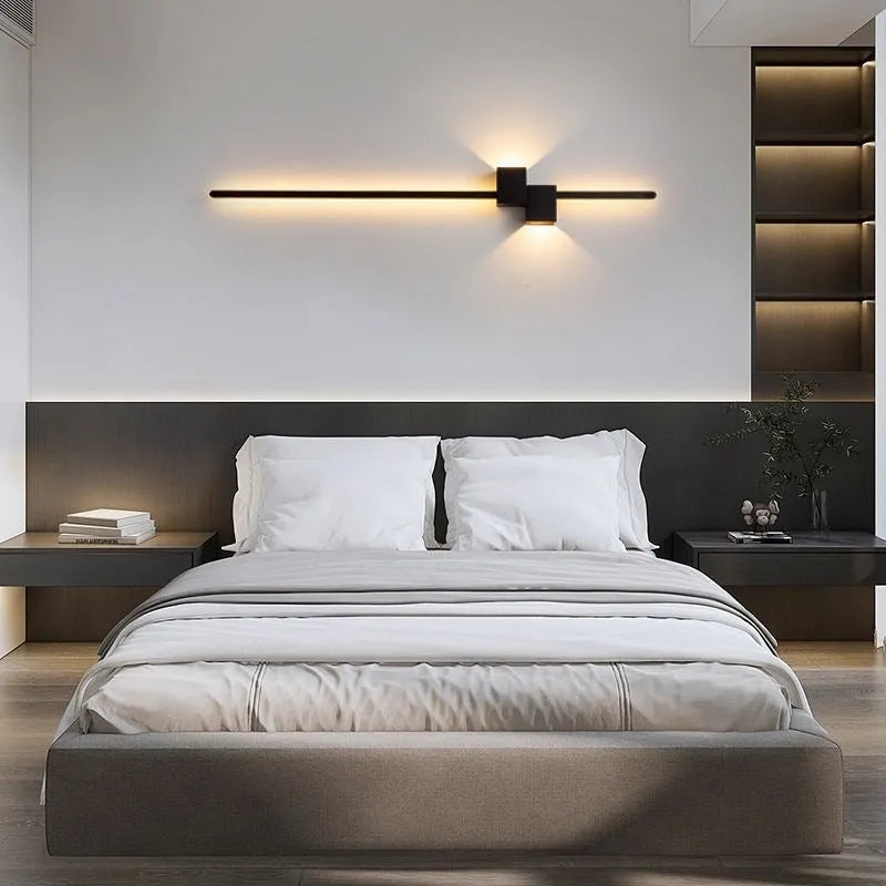 Minimalist black line wall lamp 60cm length mounted on bedroom wall