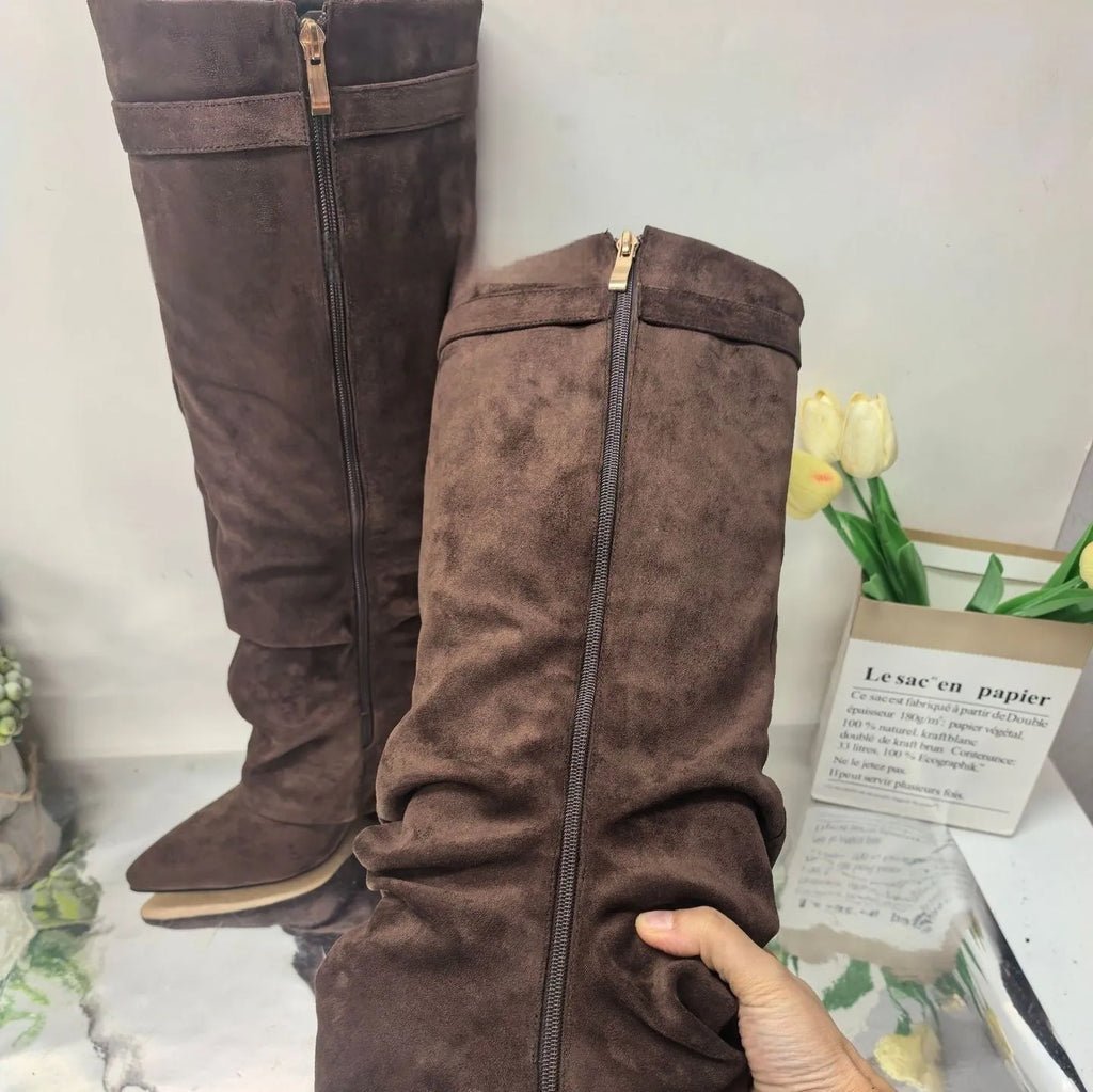 Women's black suede mid-calf boots with metal buckle and pointed toe, high shaft