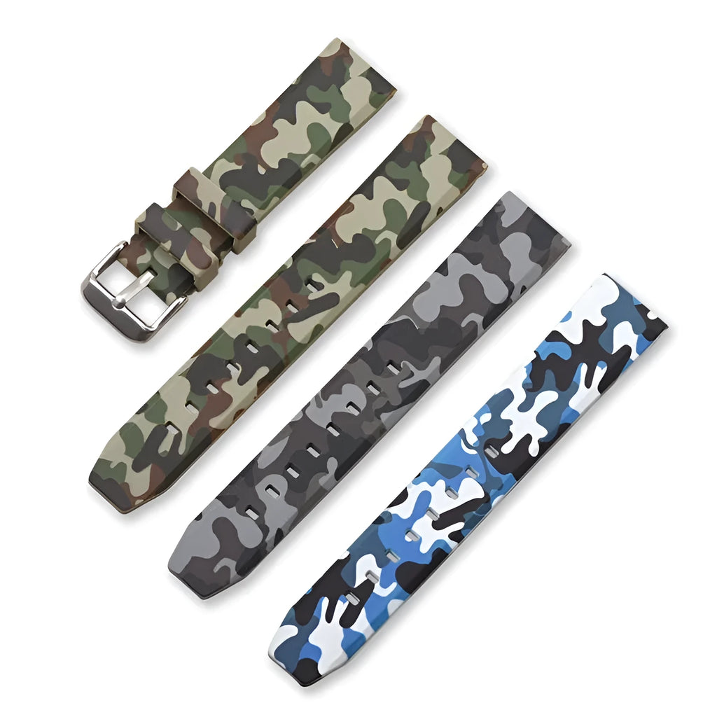 Green camouflage silicone watch strap for 22mm flat head lugs, showing thickness and length.