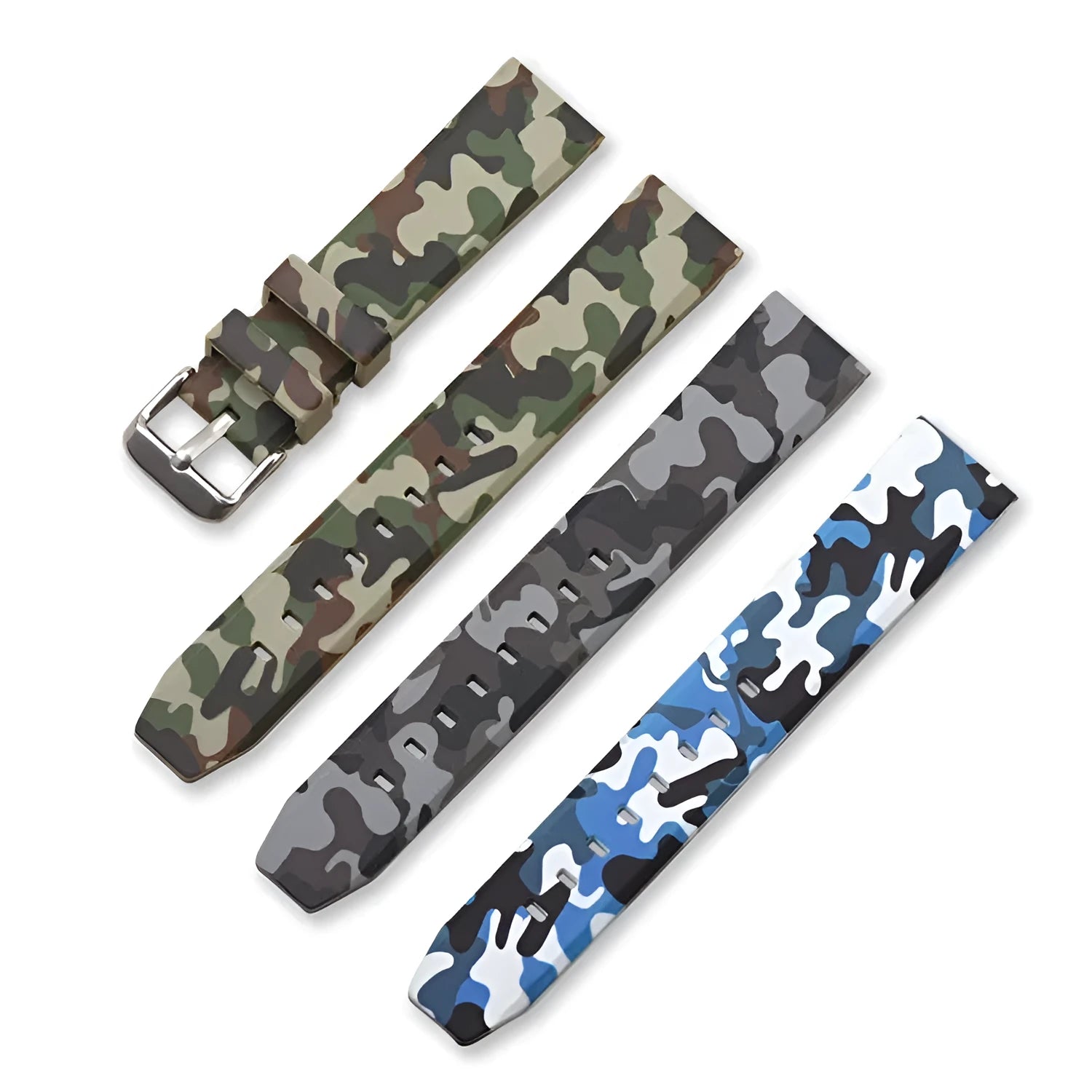 Green camouflage silicone watch strap for 22mm flat head lugs, showing thickness and length.