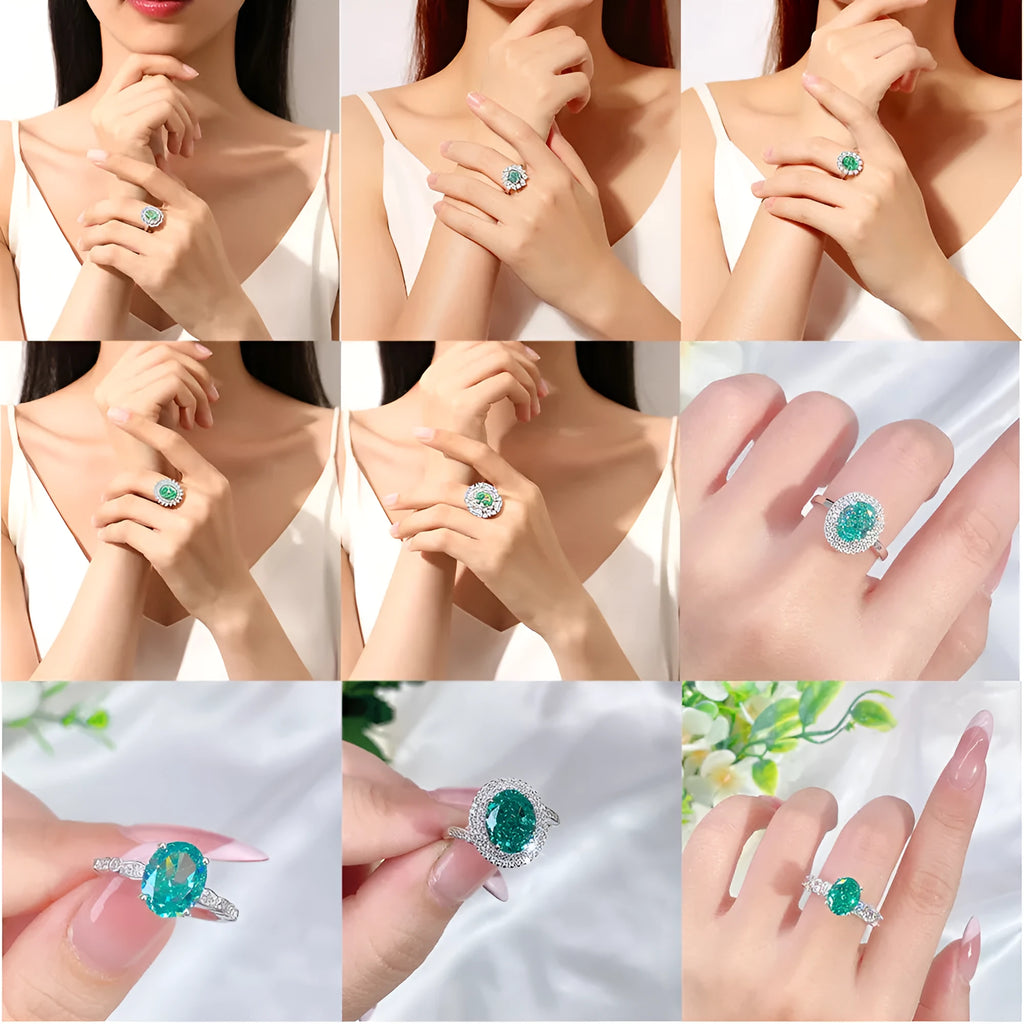 Geometric S925 silver women's ring with an emerald and inlaid high carbon diamond on a model's hand.