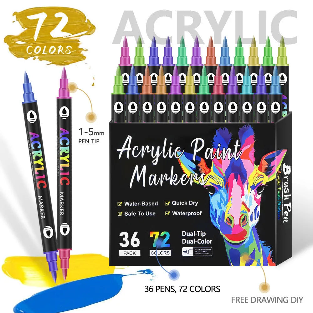 A set of double-headed acrylic marker pens with washable, quick-drying ink in multiple colours.