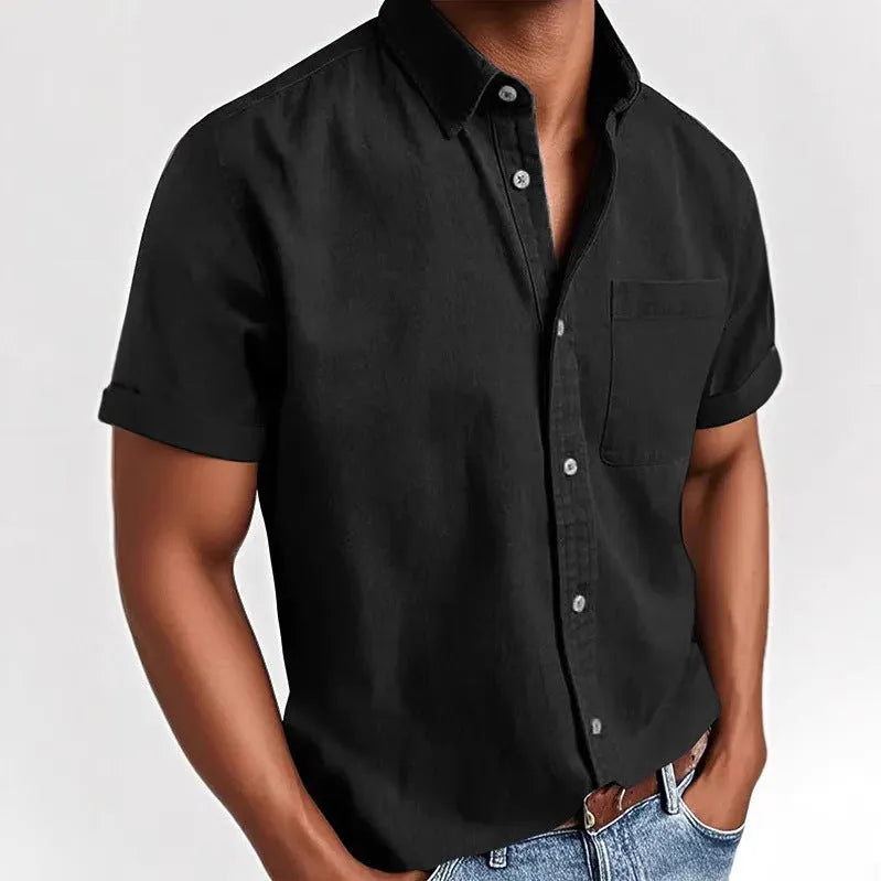 Men's solid colour short-sleeved shirt with a polo collar and a chest pocket.