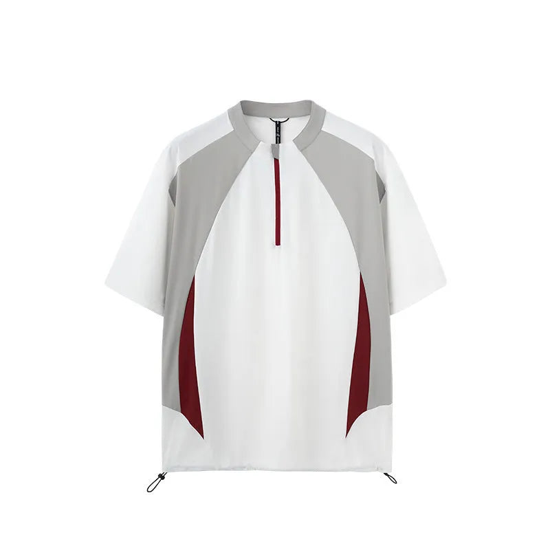 Men's solid colour polyester top with stitching detail, shown in black and beige with long and short sleeve options.