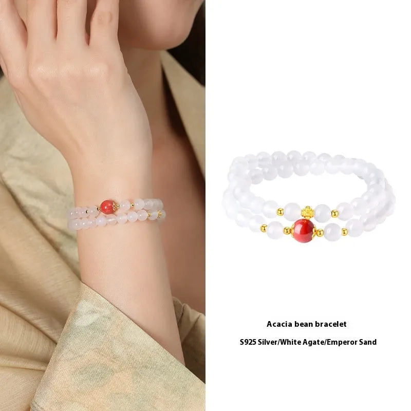 White agate women's bracelet with geometric design and Jequirity Bean Cinnabar detailing