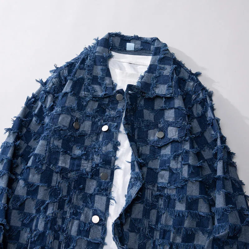 Blue loose-fit hooded cowboy denim jacket for men with sandblasted finish, front view