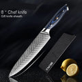Damascus 4-piece knife set with stainless steel blades and Blue G10 handles, includes chef's knife, Santoku knife, boning knife, peel knife