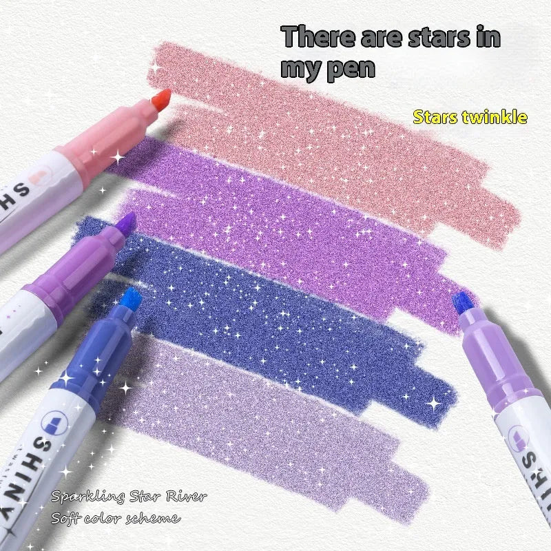 Set of four glitter fluorescent highlighter pens with slanted tips shown in assorted colours.