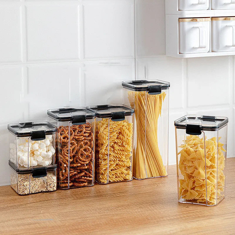 Transparent PET grain box with black lid, square shape, 1300ml capacity