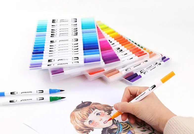 Set of ink watercolour pens in a case, showing multiple colour options including 100, 72, 60, and 48 count sets.