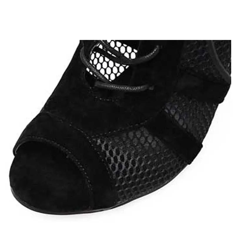 Black suede women's lace-up high heel shoes showing 11.5cm heel and ankle fastening