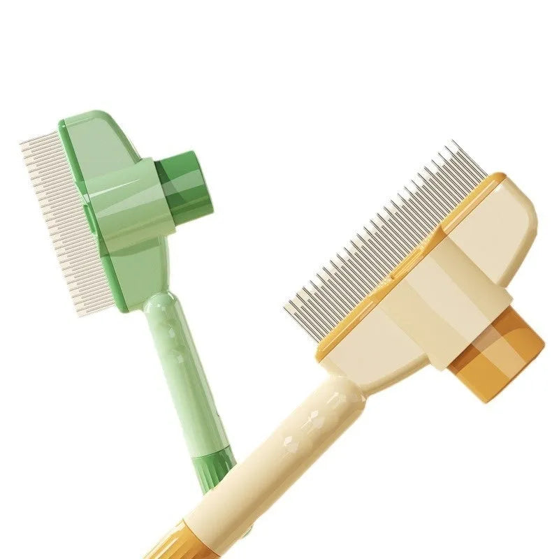 Yellow self-cleaning pet comb with release button and stainless steel teeth for dog and cat grooming