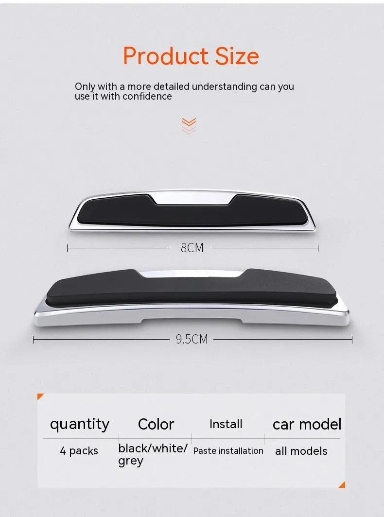 Four black plastic silicone car door bumper strips for side edge protection, each measuring 9.5 by 2 cm.