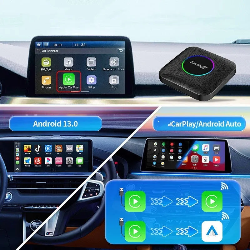 Car wired to wireless CarPlay and Android Auto conversion box with data cables.