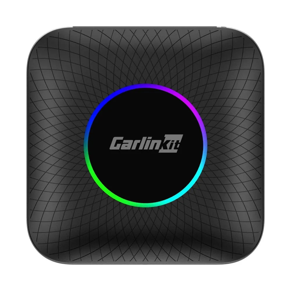 Car wired to wireless CarPlay and Android Auto conversion box with data cables.