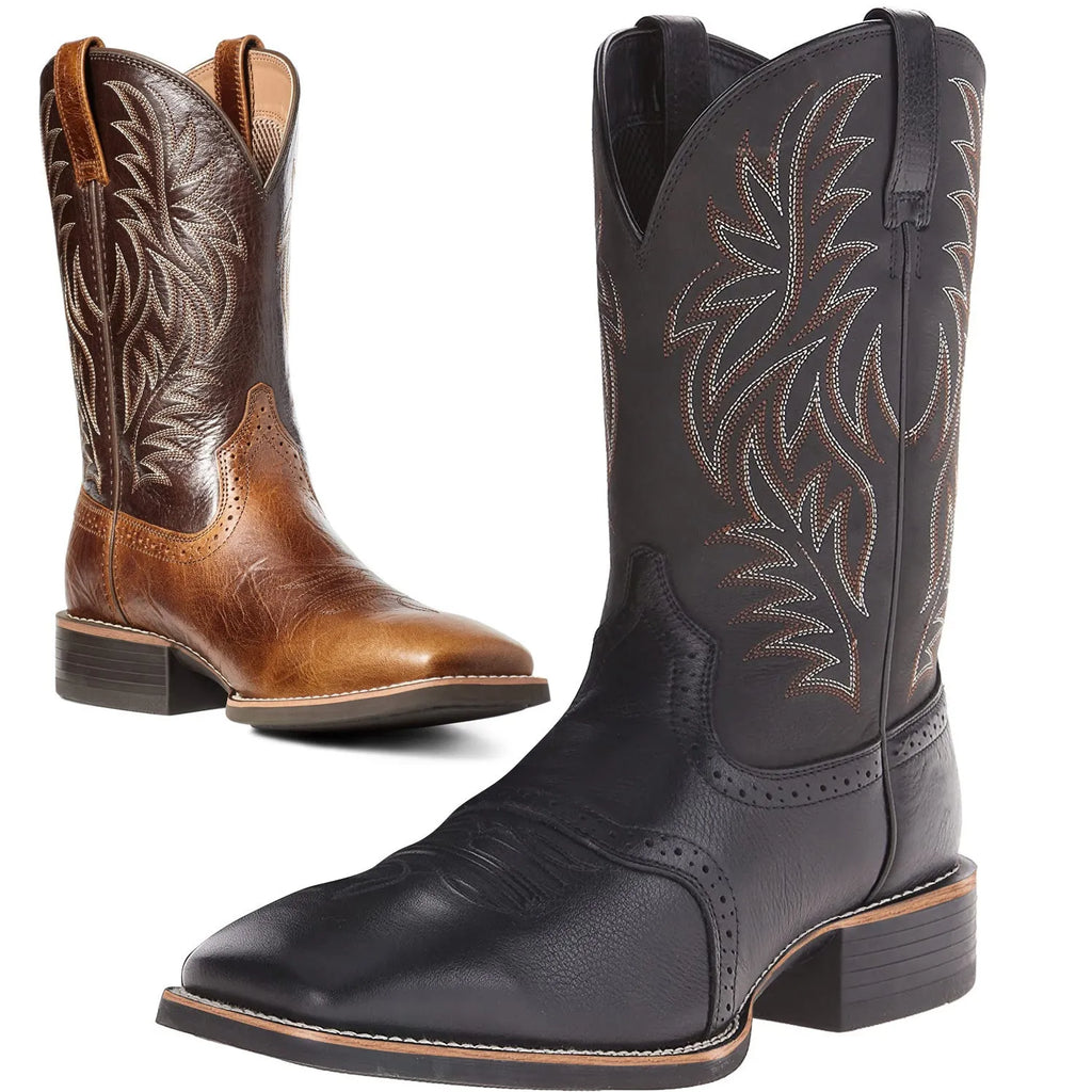 Men's black embroidered vintage Western cowboy boots with a wide square toe and low horseshoe heel.