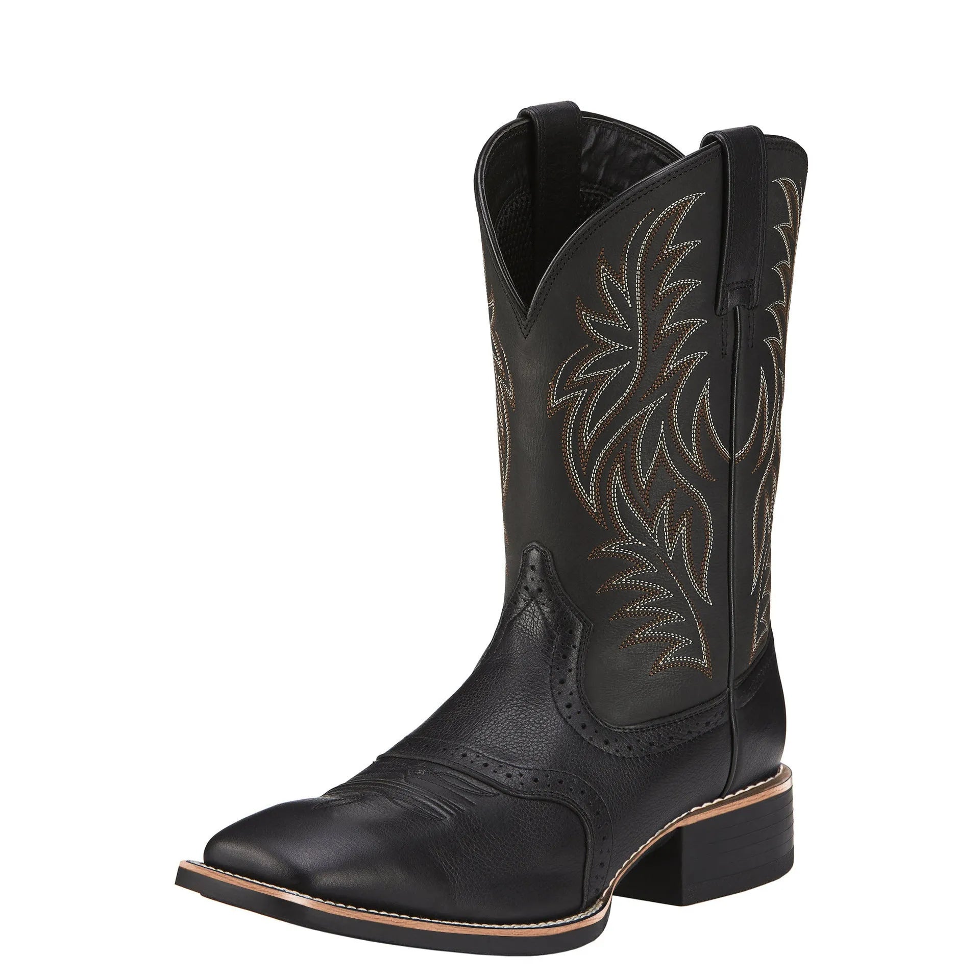 Men's black embroidered vintage Western cowboy boots with a wide square toe and low horseshoe heel.