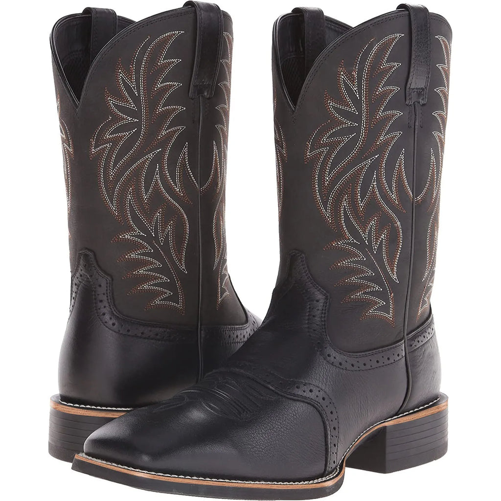 Men's black embroidered vintage Western cowboy boots with a wide square toe and low horseshoe heel.