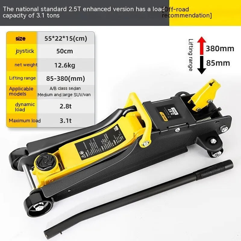 Horizontal hydraulic scissor car jack with handle for tyre changes, low profile design