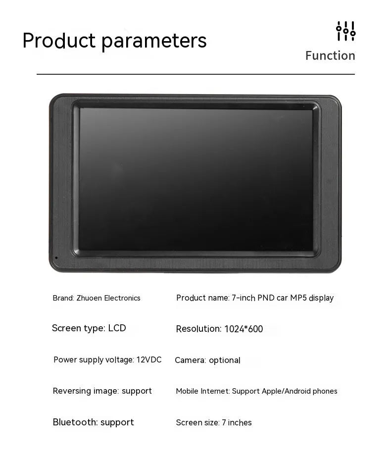 Black portable vehicle-mounted MP5 player with 7-inch LCD screen on a car dashboard bracket.