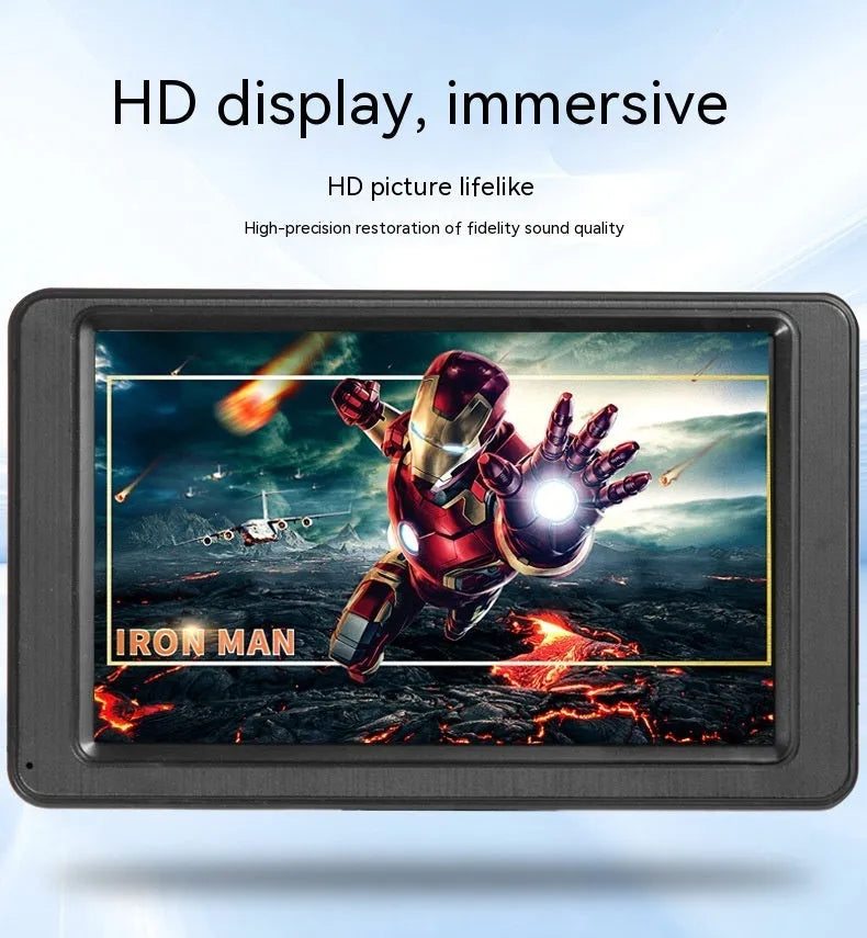 Black portable vehicle-mounted MP5 player with 7-inch LCD screen on a car dashboard bracket.