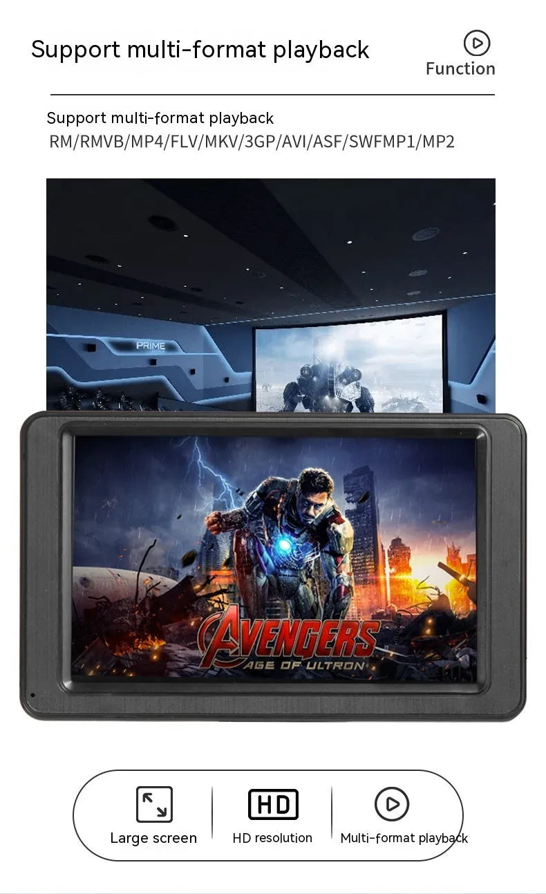 Black portable vehicle-mounted MP5 player with 7-inch LCD screen on a car dashboard bracket.