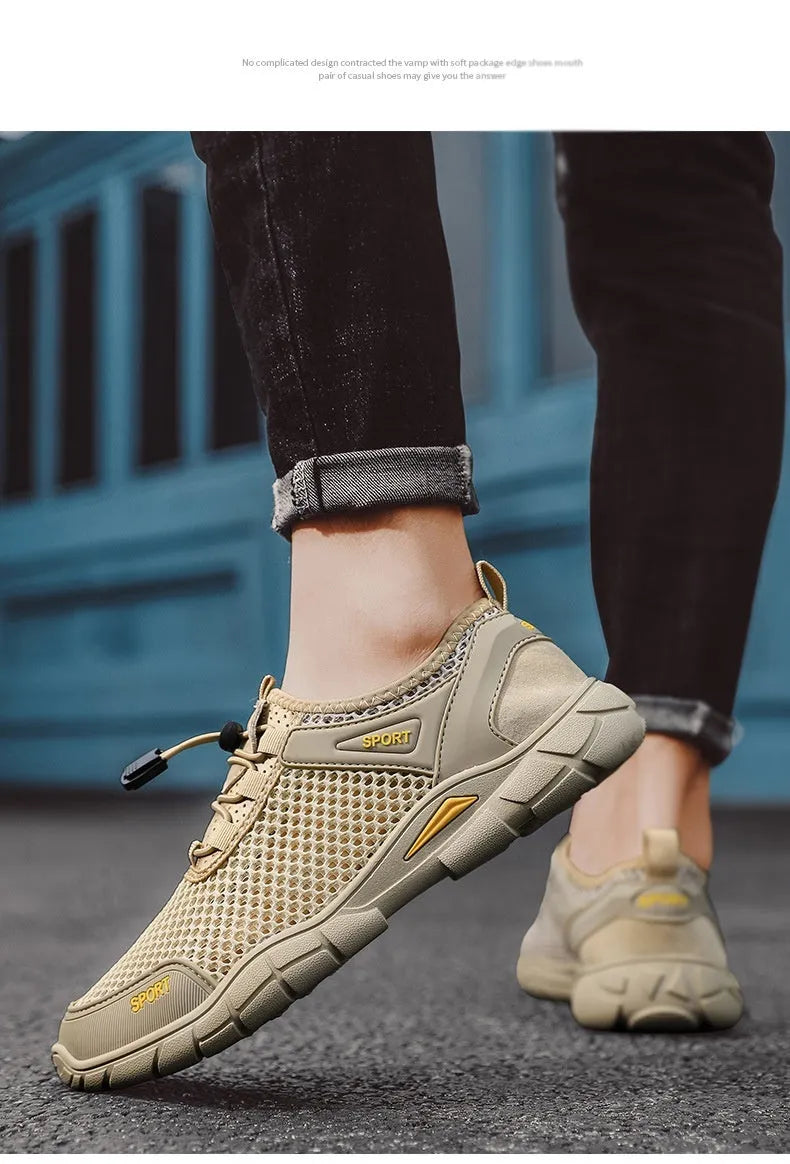 Pair of breathable outdoor sandals with leather mesh upper, flat heel, and round toe in gray, black, and khaki colours