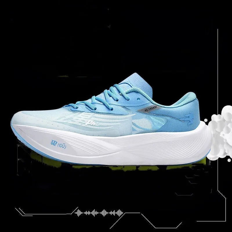 Low-top racing sneaker in glacier colour with lace-up front, carbon plate sole, and natural rubber outsole.