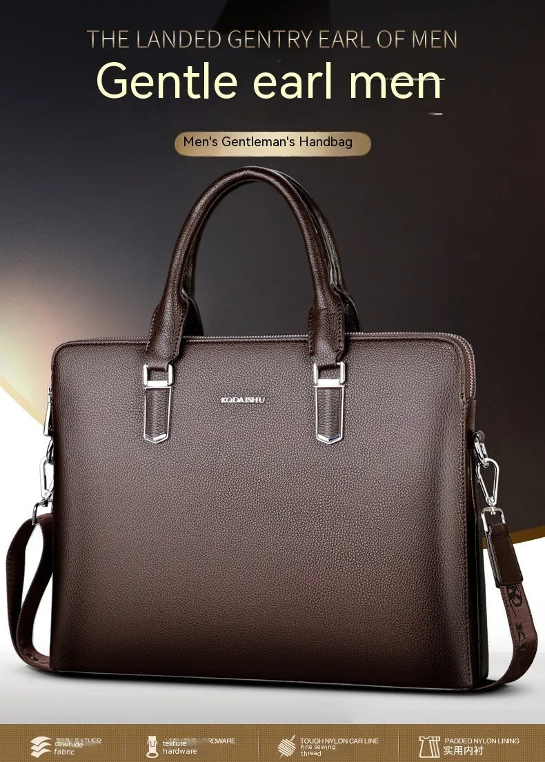 Men's PU leather business handbag with litchi pattern, horizontal square shape, telescopic handle, black or brown