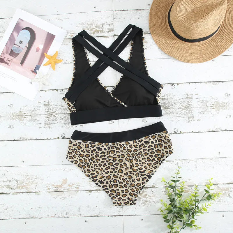 Women's leopard print bikini with a V-neck cross banded top and brief bottoms.