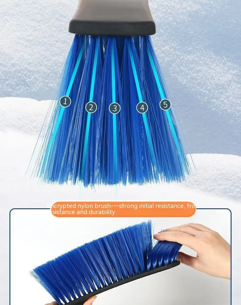 Yellow and blue telescopic car snow brush and ice scraper with a long plastic handle.