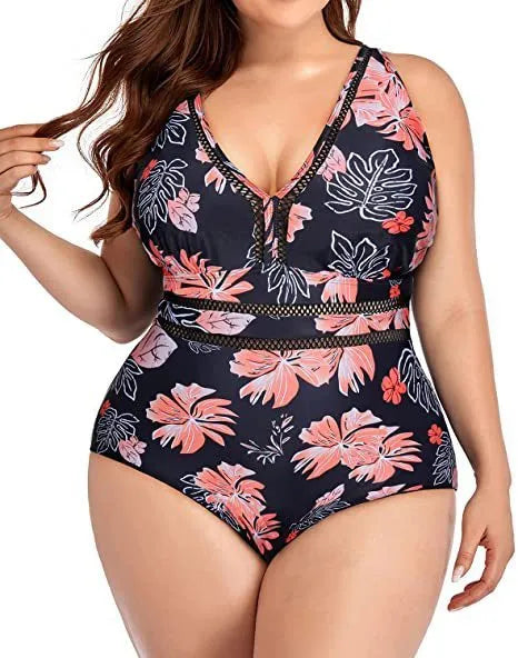 Black printed plus size swimsuit bikini made from polyester mesh fabric