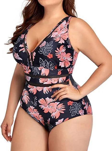 Black printed plus size swimsuit bikini made from polyester mesh fabric
