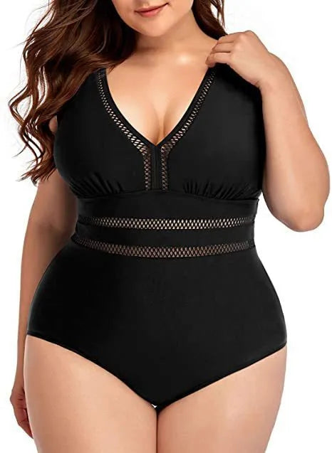 Black printed plus size swimsuit bikini made from polyester mesh fabric