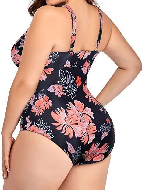 Black printed plus size swimsuit bikini made from polyester mesh fabric