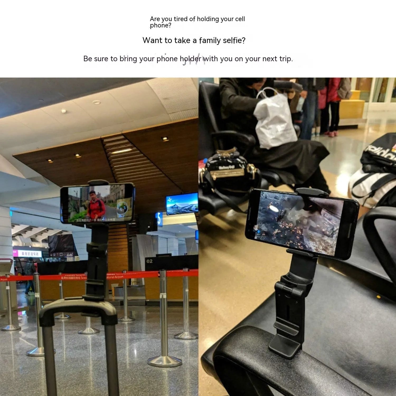 Foldable rotating universal phone holder in black on a desk next to a mobile phone.