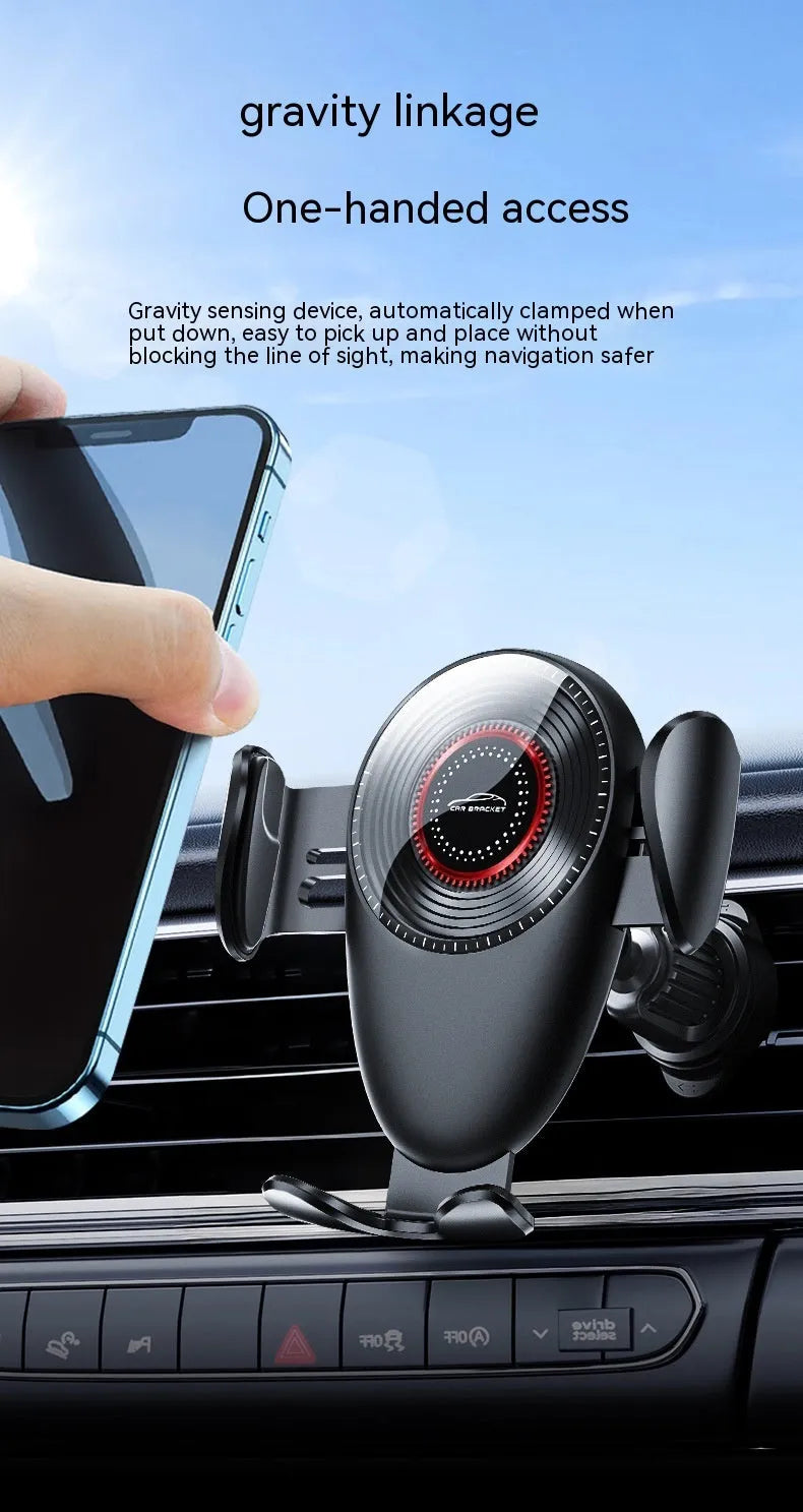 Black universal car mobile phone bracket attached to a car air vent