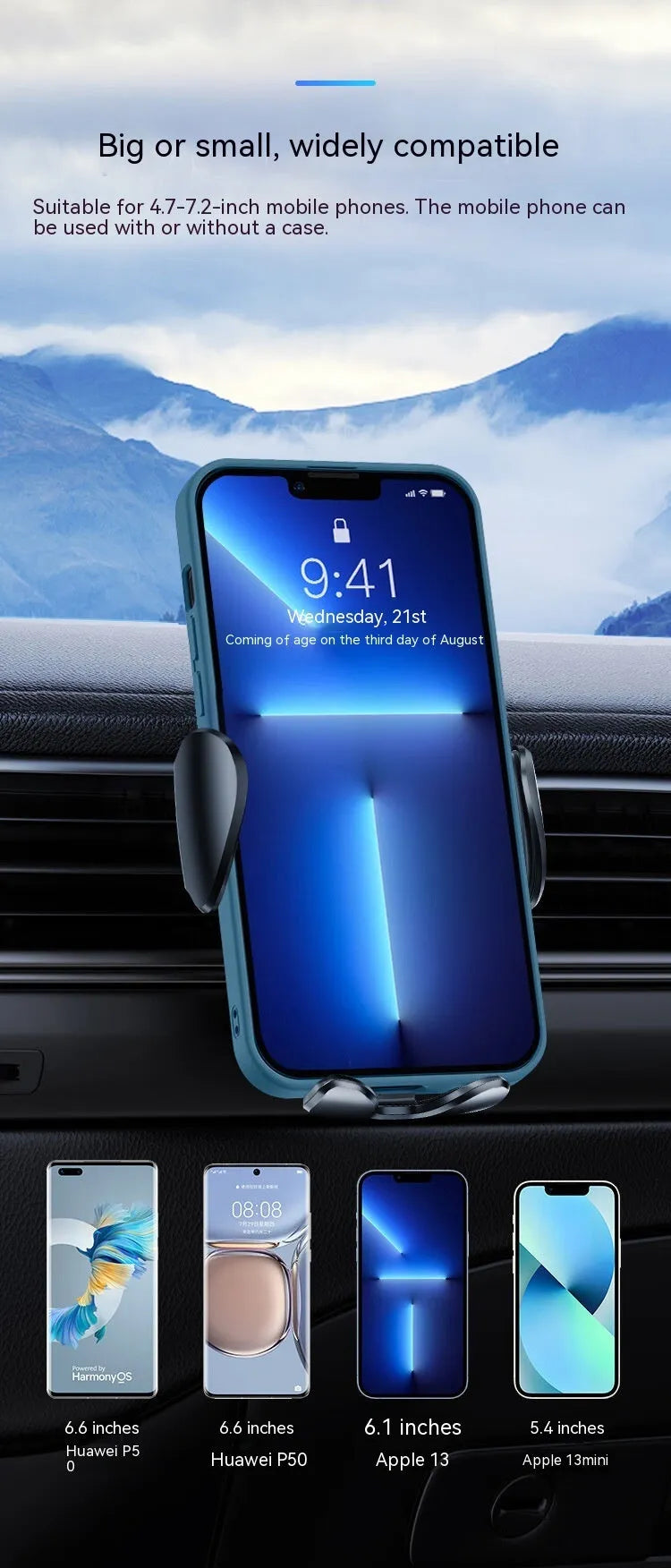Black universal car mobile phone bracket attached to a car air vent