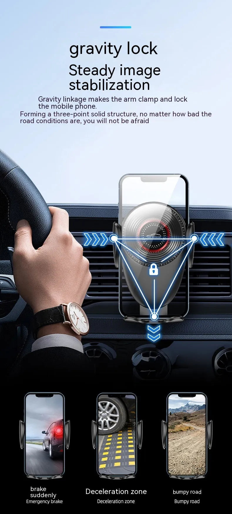 Black universal car mobile phone bracket attached to a car air vent