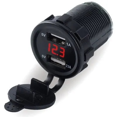 Waterproof motorcycle car charger with USB port and cigarette lighter socket in blue, green, or red LED options