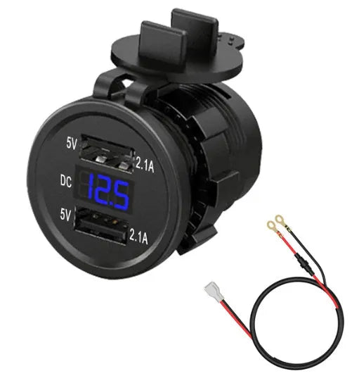 Waterproof motorcycle car charger with USB port and cigarette lighter socket in blue, green, or red LED options