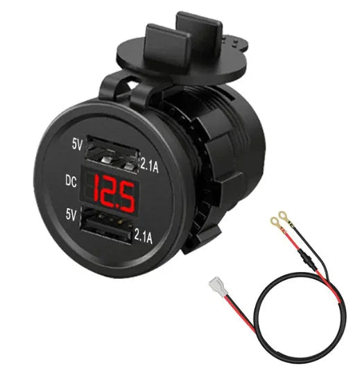 Waterproof motorcycle car charger with USB port and cigarette lighter socket in blue, green, or red LED options