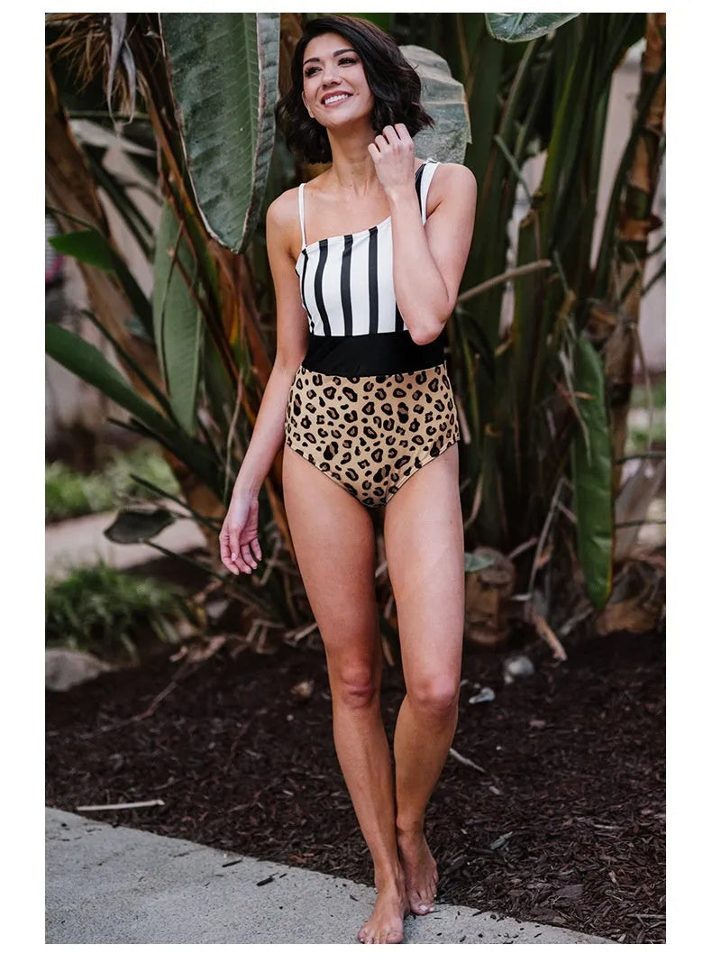 Women's leopard print one-piece swimsuit with asymmetric collar and high waist design