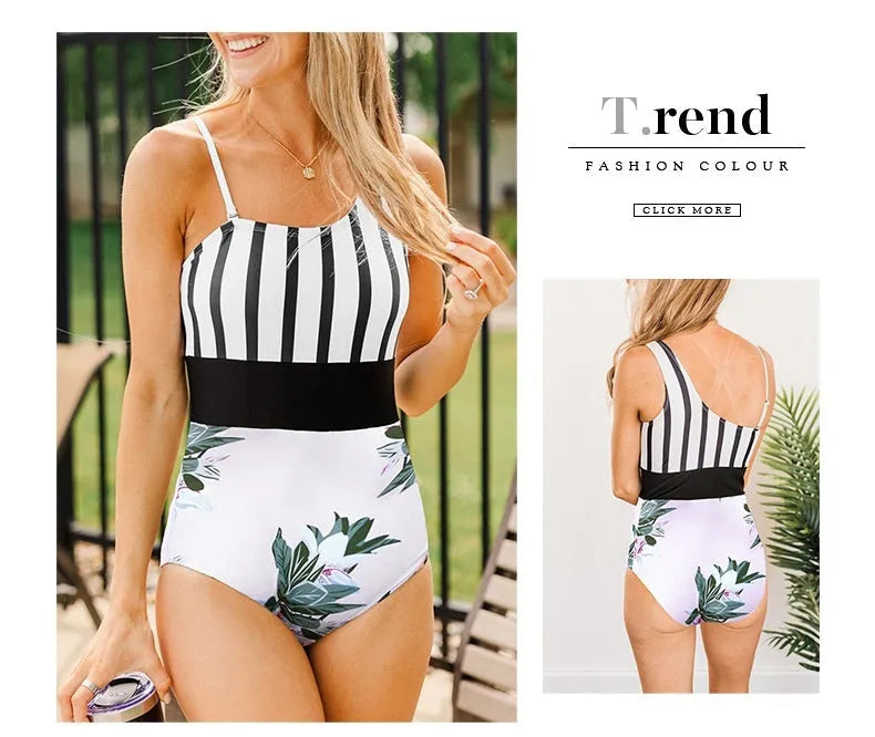 Women's leopard print one-piece swimsuit with asymmetric collar and high waist design