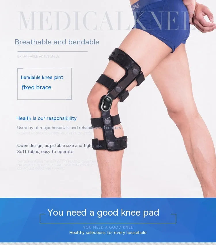 Black anterior ligament knee pad supporter showing multi-material construction and sizing for left and right knees.