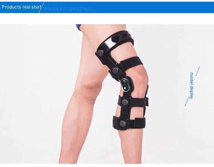 Black anterior ligament knee pad supporter showing multi-material construction and sizing for left and right knees.