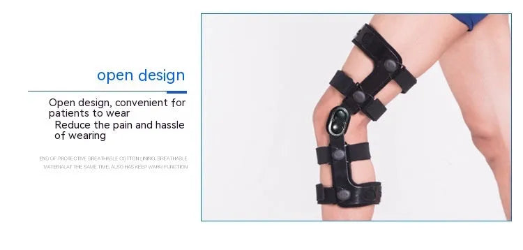 Black anterior ligament knee pad supporter showing multi-material construction and sizing for left and right knees.