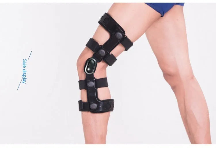 Black anterior ligament knee pad supporter showing multi-material construction and sizing for left and right knees.