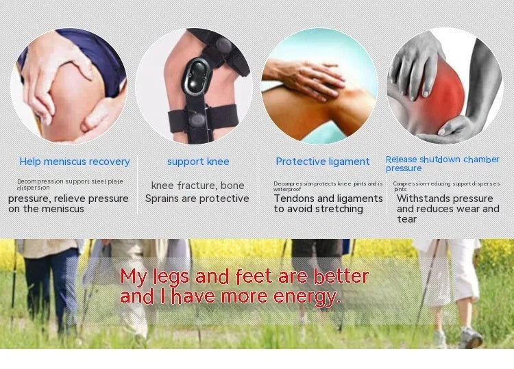 Black anterior ligament knee pad supporter showing multi-material construction and sizing for left and right knees.
