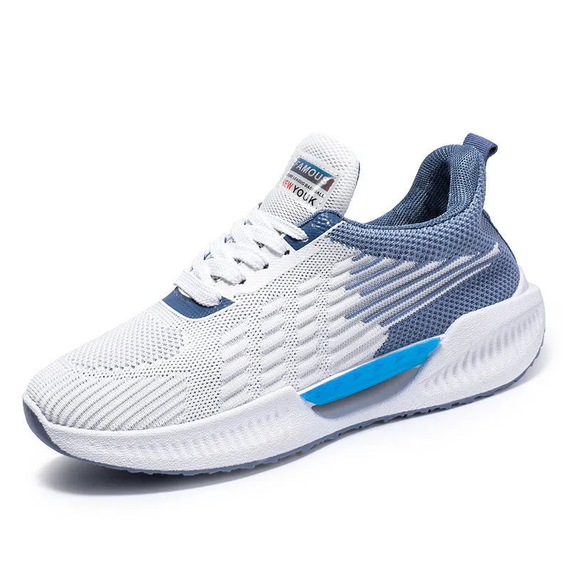 Men's blue casual sports shoes with mesh upper and plastic sole, shown with grey and green colour options.